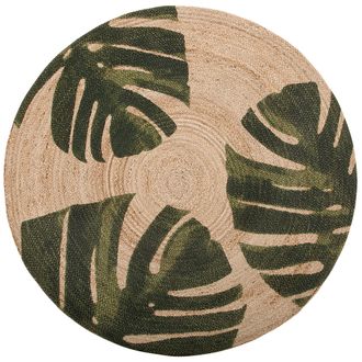 Beliani Alfombra Redonda De Yute Verde 140 Cm Sal&oacute;n Dormitorio Hoja Tropical Monstera Decorativa Incik