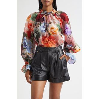 Alice & Olivia Norah Ruffle Cotton & Silk Peasant Top in Storm Floral at Nordstrom Rack, Size X-Large