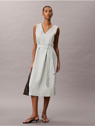 Calvin Klein Womens Linen Blend V-Neck Sleeveless Belted Dress - Green - XS