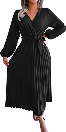 Generic Womens Elegant Temperament Large Long Sleeve Solid V Neck Lace Pleated Skirt Long Tight Dress Black
