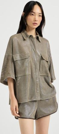 Brunello Cucinelli Sparkling leather net shirt in Khaki at Nordstrom, Size 46 It