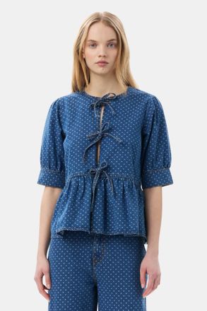 Ganni Blue Polka Dot Denim Peplum Blouse - Size 40 Organic Cotton