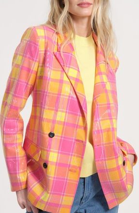 Isaac Mizrahi New York Sequin Plaid Double Breasted Blazer in Pink Multi at Nordstrom, Size 12