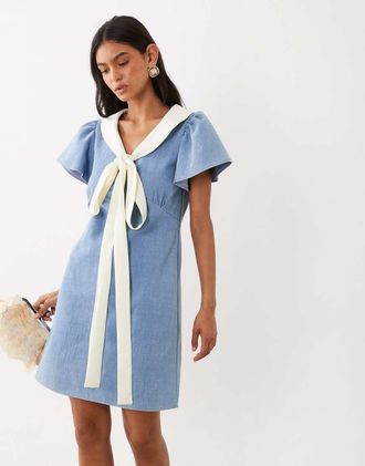 Sister Jane Sister Jane Kasos mini abito in denim di cotone con dettaglio fiocco a maniche corte azzurro chiaro-Blu