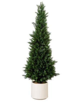 Nearly Natural 4ft UV-Resistant Artificial Cedar Tree In Decorative White Planter (Indoor/Outdoor)