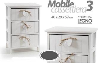 Trade Shop Trade Shop - Cassettiera 3 Cassetti H59x40x29cm Legno Comodino Bianco Cuore Arredamento Casa