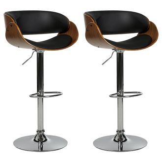 Beliani Conjunto De 2 Sillas De Bar Giratorias De Piel Sint&eacute;tica Reposapi&eacute;s Respaldo Ajustable Negro Madera Oscura Baku