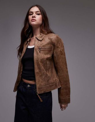 Urban Code zip through fitted crop leather jacket in sand-Neutral
