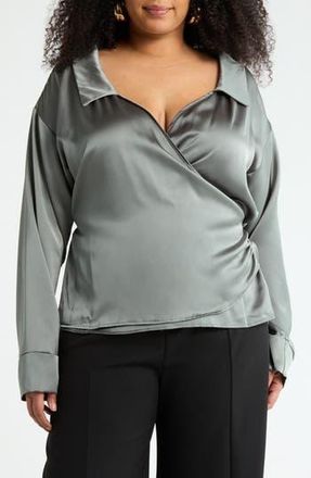 Renee C Faux Wrap Satin Top in Olive at Nordstrom Rack, Size 2 X
