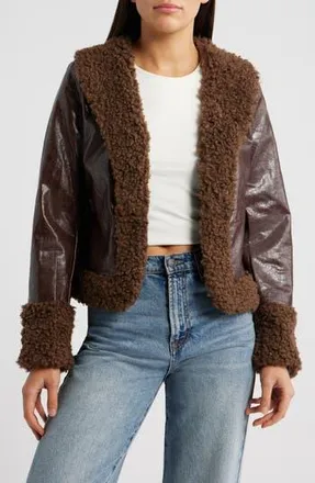 Princess Polly Found A Reason Faux Leather & Faux Shearling Trim Crop Jacket in Brown at Nordstrom Rack, Size 10