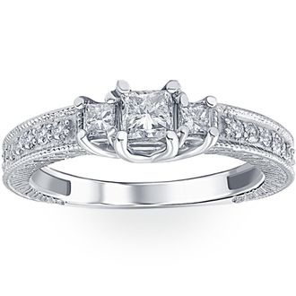 Pompeii3 1/2ct Vintage Three Stone Princess Cut Diamond Engagement Ring 14K White Gold Size Selectable