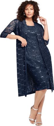Roaman's Plus Size 3/4 Sleeve Formal Duster Sequin Embellished Lace Dress Set in Navy at Nordstrom, Size 34