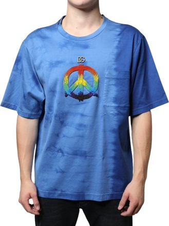 Dolce & Gabbana Blue Tie-Dye Peace Sign Cotton Mens T-shirt