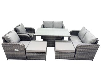 Fimous 8-seater Rattan Garden Furniture Dining Set with 2 Big Footstool in Dark Grey