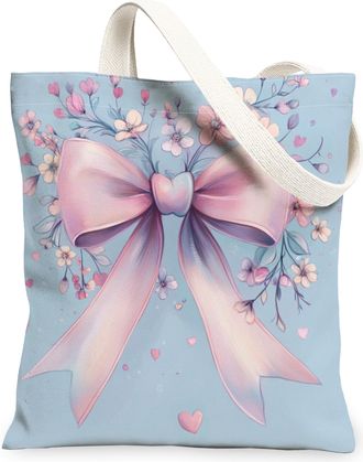 Generic Floral Bow Canvas Tote Bags, Elegant Flower Design Reusable Shopping Bags, Spring Vintage Chic Lightweight Washable Shoulder Strap Canvas for Travel B