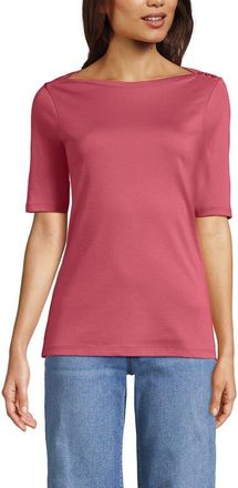 Lands End Supima Cotton Elbow Sleeve Boatneck Button Shoulder Tee in Soft Mojave Rose at Nordstrom, Size X-Large P