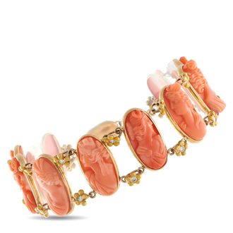 Luxury Bazaar Vintage 18K Yellow Gold 0.60ct Diamond and Coral Cameo Bracelet MF06-050726