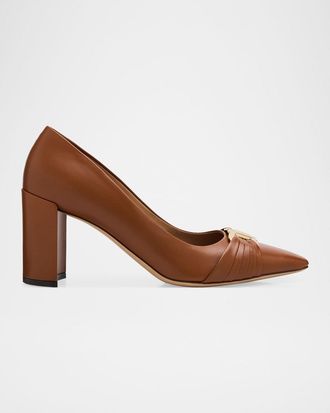 Ferragamo Tillya 70mm Leather Block-Heel Pumps with Gancini Ornament