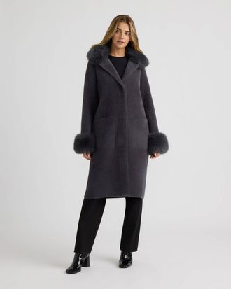 NVLT Womens Longline Coatigan with Removable Faux Fur Collar and Cuffs