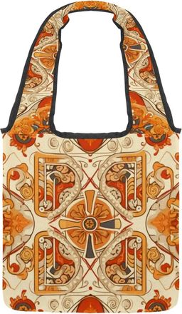 Generic Vintage Orange Catholic Pattern Reversible Canvas Shoulder Tote - Double-Sided Print, 12oz Cotton, 27cm Drop, Fold-Flat Bag for Travel, Shopping, Stre