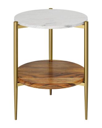 Simpli Home Wagner Solid Acacia Wood 18In Round Mid Century Marble & Wood Side Table