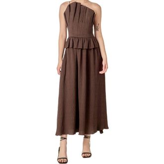 English Factory Pleated Ruffle Strapless Maxi Dress in Brown at Nordstrom, Size X-Small