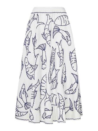 Farm Rio Cotton Midi Skirt With Marine Embroidery