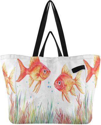 Generic Goldfish Plants White pattern Reusable Canvas Tote Bag, Heavy Duty Grocery Shopping Bag with Large Capacity Hard Bottom Double Handles Work Groceries 