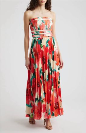 Hutch Sabina Floral Tiered Pliss&eacute; Gown In Ivory Coral Watercolor