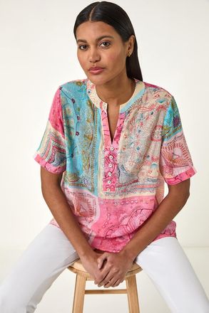 Roman Scarf Print Hotfix Buttoned Top