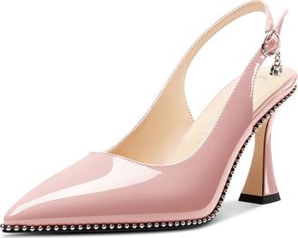Castamere Womens Slingback Kitten Heel Close Pointed Toe Pumps Court Shoe Chunky Wedding Party Dress Shoes 9 CM Heels Pale Pink 6.5 UK