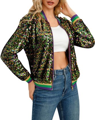 Generic Womens Sequin Jacket Long Sleeve Party Club Metallic Glitter Sequin Bomberjacket Womens Shiny Jacket Cardigan Long Sleeve Bolero Tops Short Tops Elega