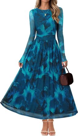 Merokeety Womens Long Sleeve Fall Wedding Guest Dress 2025 Crewneck Floral Flowy Mesh Cocktail Maxi Dresses, Teal, S