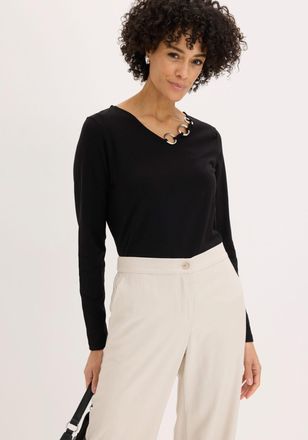 Bonprix Langarmshirt BONPRIX, Damen, Gr. 56/58 (XXXL), schwarz, Jersey, Obermaterial: 95% Baumwolle, 5% Elasthan, unifarben, bequem h&uuml;ftbedeckend, V-Ausschnit