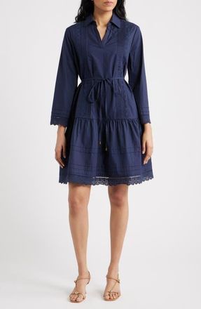 Julia Jordan Lace Trim Tie Waist Long Sleeve Dress in Navy at Nordstrom, Size X-Small