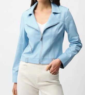 Joseph Ribkoff Fitted Faux Suede Zip Up Moto Jacket In Sky Blue