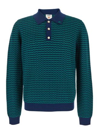 Casablanca Mini Wave Blue Polo Shirt With Logo Embroidery On The Collar And All-Over Striped Motif In Wool Man