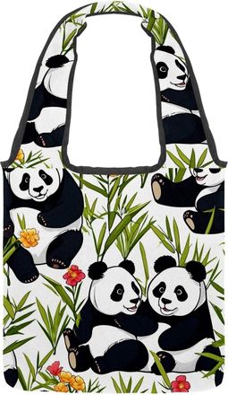 Generic Cute Panda Pattern Reversible Canvas Shoulder Tote - Double-Sided Print, 12oz Cotton, 27cm Drop, Fold-Flat Bag for Travel, Shopping, Street Outings