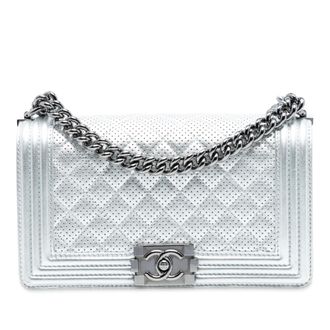 Chanel Womens Pre-owned Old Medium Quilted Perforated Metallic Lambskin Boy Flap - Light Grey Leather - One Size