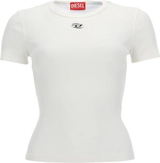 Diesel T-Shirts, female, White, Size: XS Slim ribbed T-shirt with metallic Oval D