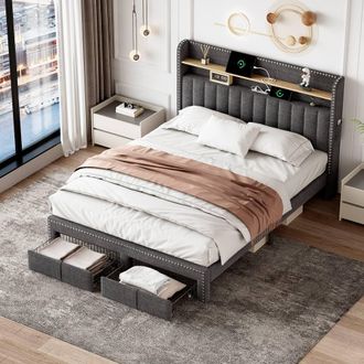 Merax 4ft6 Double Bed with LED, Storage Charging Headboard & 2 Drawers in Grey