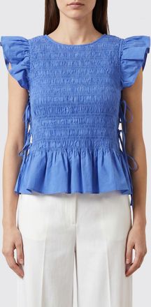 Ganni Top smanicato in cotone stretch con dettaglio arricciato e girocollo