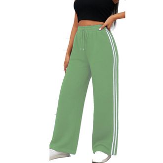 Generic Want Clothing Womens Wide Leg Bottoms Joggers Fleece Lined Straight Flare Comfy Plain & Sport Side Stripe Casual Lounge Wear Sweat Pants (UK, Alpha, S