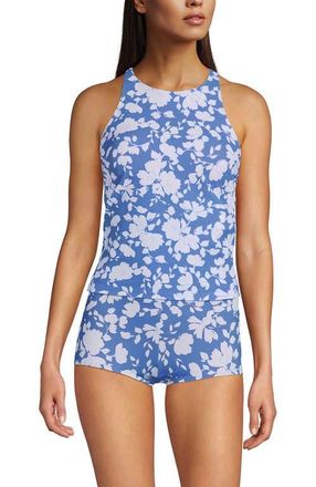 Lands End Tugless High Neck Strappy Back Tankini Swimsuit Top in Lake Blue Blossom Floral at Nordstrom, Size 10