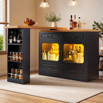 Merax Rotatable Breakfast Bar Table Buffet Sideboard with LED & GlassCabinet in Black