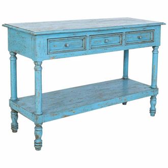 Wanderlust Deco Recibidor De Madera Artesanal Azul 120x45x80h Cm