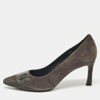 Tod's Tods Grey/olive Green Patent And Suede Pointed Toe Pumps