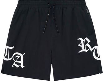 Rta Mark Stretch Nylon Swim Trunks in Black/old English at Nordstrom, Size Xxx-Large