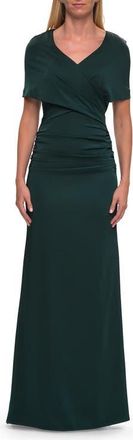 La Femme Jersey Gown with Draped Bodice and Short Sleeves in Dark Emerald at Nordstrom, Size 16