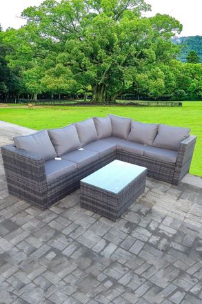 Fimous Rattan Corner Sofa Set Rectangular Oblong Coffee Table Outdoor 6 Seater With Seat & Back Cushion in Dark Grey
